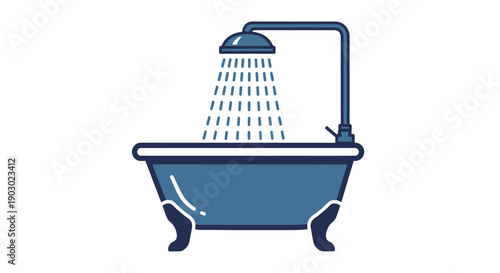 A blue clawfoot bathtub with a showerhead actively dispensing water.