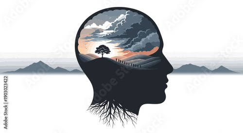 A silhouette of a human head filled with a landscape, symbolizing the connection between the mind and nature.