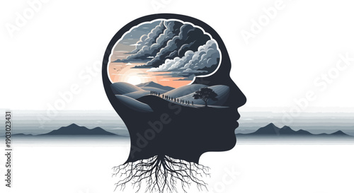A silhouette of a human head filled with a dramatic landscape, symbolizing the inner world of thoughts and emotions.