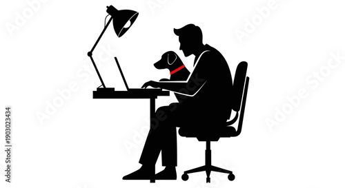 Silhouette of a man working on a laptop with his dog sitting on his lap in an office setting.