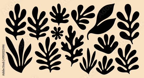 A collection of black abstract organic shapes resembling leaves and plants on a beige background.