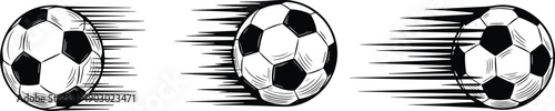 WebBlack and white soccer balls with speed motion lines dynamic football action illustration isolated vintage engraving style vector set