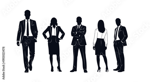Silhouettes of business professionals in formal attire standing against a white background.