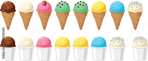 Ice cream scoop icon set with colorful flavors in cones and cups isolated on white background for dessert, food, summer, and menu design