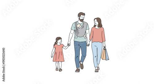 A family of three, a father carrying a baby in a carrier, a mother holding a shopping bag, and a young daughter walking together.