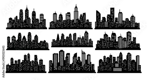 Collection of nine distinct black and white silhouette illustrations of city skylines, showcasing various urban architectural styles and building densities.