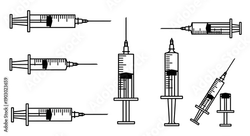 A collection of various medical syringes and needles, depicted in a clean, graphic illustration style.