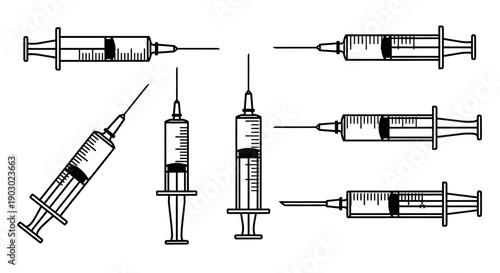 A collection of vintage-style illustrations of medical syringes, showcasing different angles and fill levels.