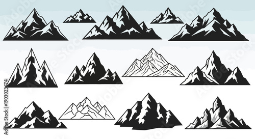 A collection of stylized mountain range illustrations in various artistic styles, featuring sharp peaks and dramatic silhouettes.