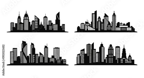 Four distinct black and white silhouette illustrations of modern city skylines with various skyscraper designs.
