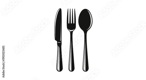 A black and white illustration of a knife, fork, and spoon arranged vertically on a white background.