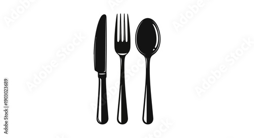 A set of black cutlery including a knife, fork, and spoon, arranged vertically against a white background.