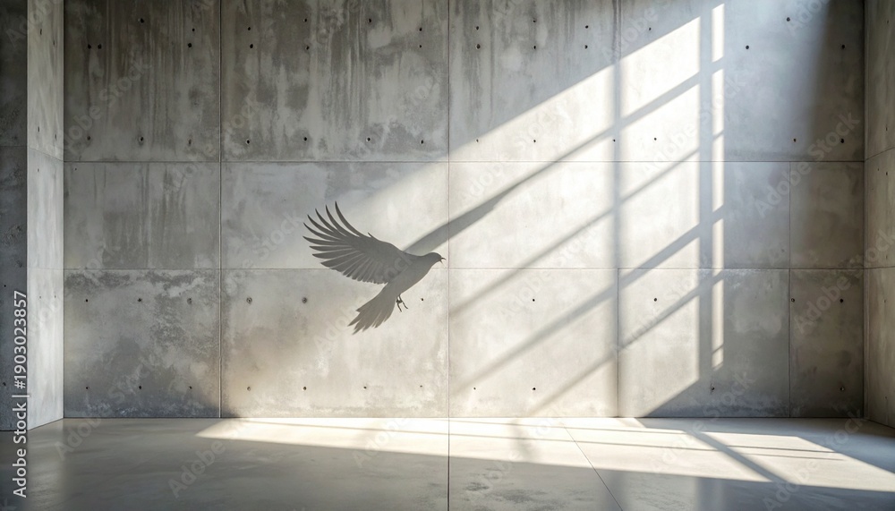 Fototapeta premium Minimalist Concrete Room with Sunlight and Eagle Silhouette Enhancing Interior Space.