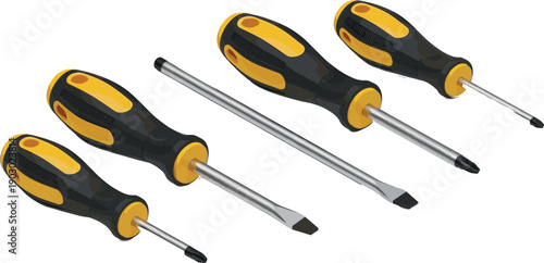 Isometric screwdriver set with flathead and Phillips tips, professional hand tools for construction, repair, maintenance and workshop use
