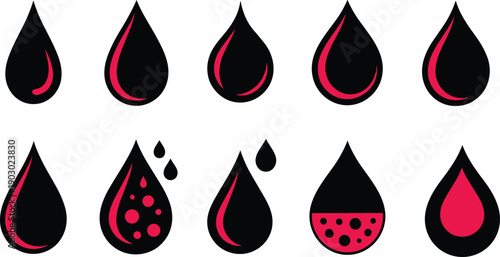 Blood Drop Icon Set Showing Medical, Donation, Hematology, Plasma And Warning Symbols In Flat Vector Style On White Background