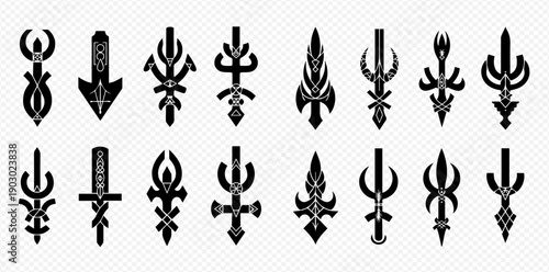 Set of fantasy swords, daggers, and magical weapons with ornate designs and tribal elements, isolated on transparent background.