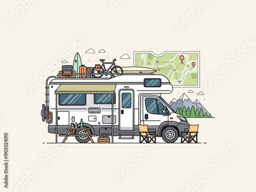 Camper Van with Bicycle on Roof Rack.