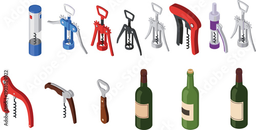 Isometric set of wine openers and corkscrews with bottles in different styles isolated on white background for bar and restaurant use