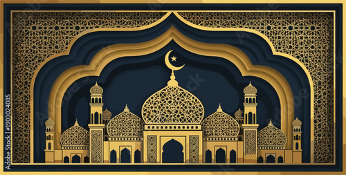 Golden mosque with crescent moon and star, ornate layered paper-cut design, Islamic architectural art for Ramadan Eid celebration
