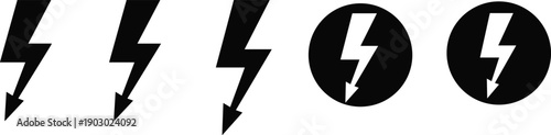 Lightning bolt icon set in black and white, electric power symbols for energy, warning, electricity, and modern graphic design concepts