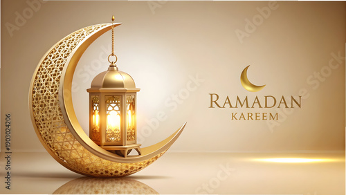 Golden Ramadan Kareem greeting with crescent moon and lantern