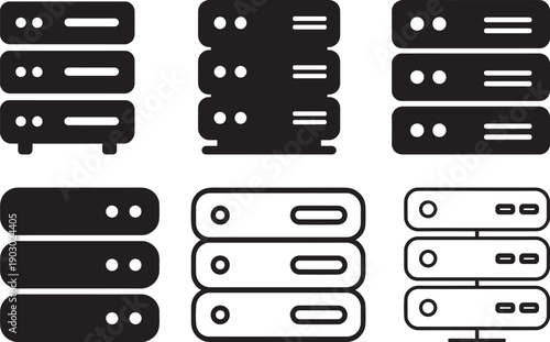 Server rack and database storage icon set bundle in solid and outline representing data storage and technology
