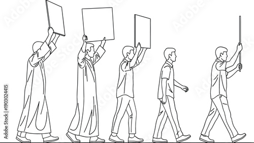 Peaceful protest demonstration line art vector illustration with men holding blank placards and signs for social justice activism political campaign and community rally message.