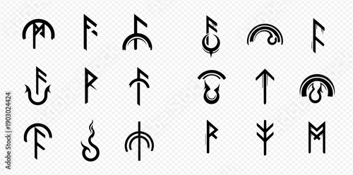 Set of various runic symbols and ancient magic signs, vector illustration on a transparent background.