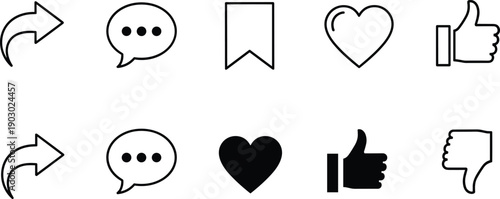 Social media interaction icon set in black outline and solid vector styles featuring share, comment, bookmark, like, thumbs up, and dislike symbols for UI and app design