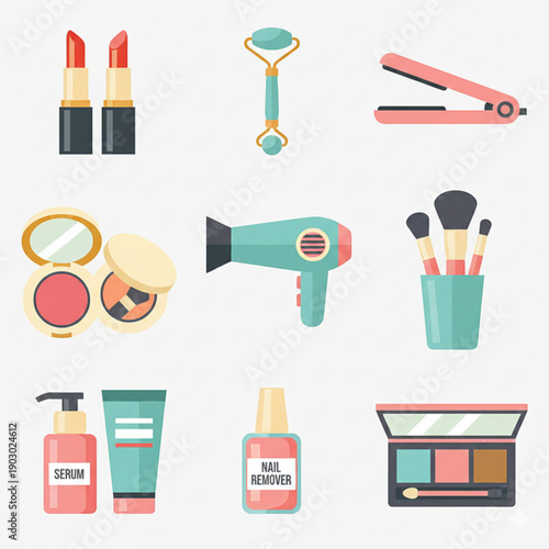 Flat Design Beauty and Cosmetics Icons Set Including Lipstick Hairdryer Mirror and Makeup Palette