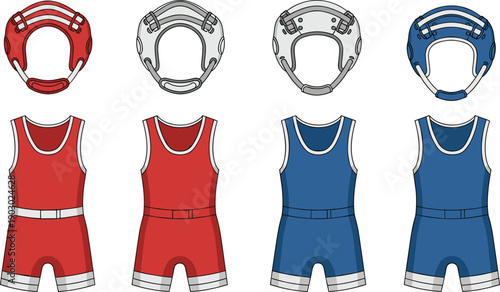 Wrestling uniform and headgear icon set in red and blue flat vector style featuring singlets and protective gear for sports branding, education, UI, and print design