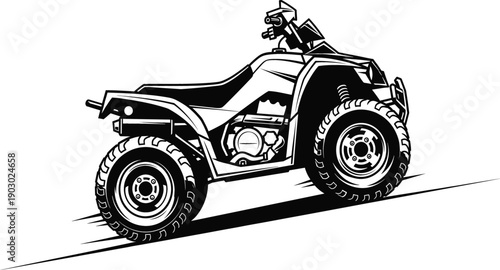 Professional quad bike vector illustration for offroad adventure extreme sports racing all terrain vehicle silhouette for mountain trail driving and utility outdoor power sports logo design.