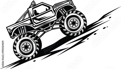 Powerful monster truck vector illustration climbing steep hill offroad adventure race car silhouette for heavy duty engine vehicle extreme sports competition logo design.