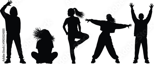 Silhouettes of energetic young people performing modern urban dance moves, expressive hip hop dancers in casual clothing, happy youth group dancing, isolated vector