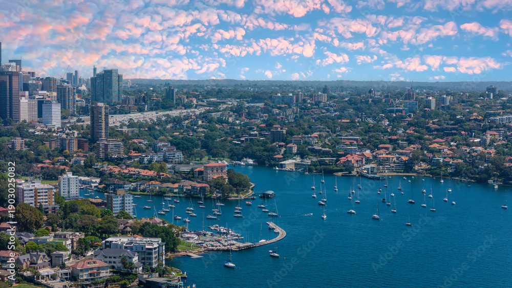 Fototapeta premium 5 February 2026 Aerial View of Sydney Harbour Circular Quay cruise Liner on a nice Summer day beautiful Sky in Sydney NSW Australia