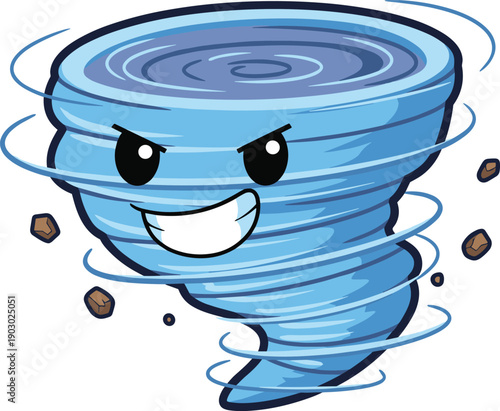 Cute cartoon tornado cyclone character spinning with smiling face illustration, playful weather mascot design for kids education and science artwork