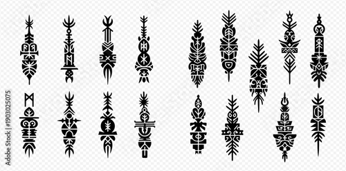 Collection of decorative ethnic pixel art ornaments with tribal and geometric patterns, ideal for creative design projects.