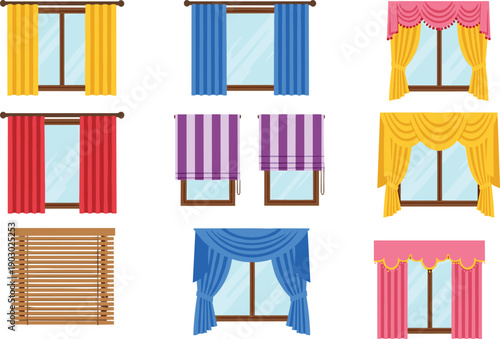 Colorful window curtain collection with modern and classic drapery styles for home interior design vector illustration set isolated elements