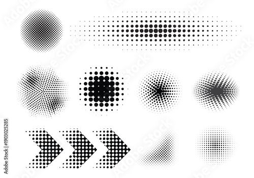 Abstract Halftone Gradient Shapes and Directional Arrow Patterns – Modern Dotted Geometric Design Elements Set