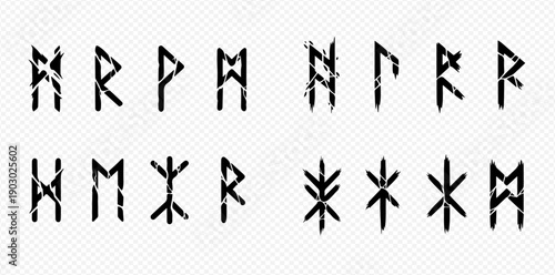 Set of ancient runic letters, Futhark alphabet, and magical symbols in a distressed style.