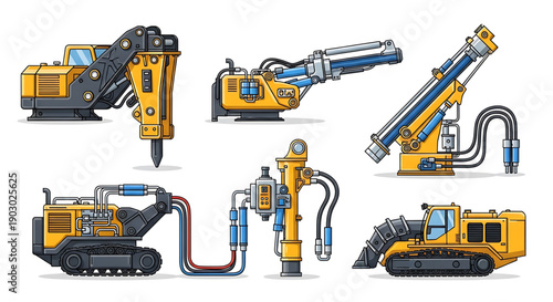 Heavy machinery equipment for construction and mining operations featuring drills and excavators in yellow and black colors