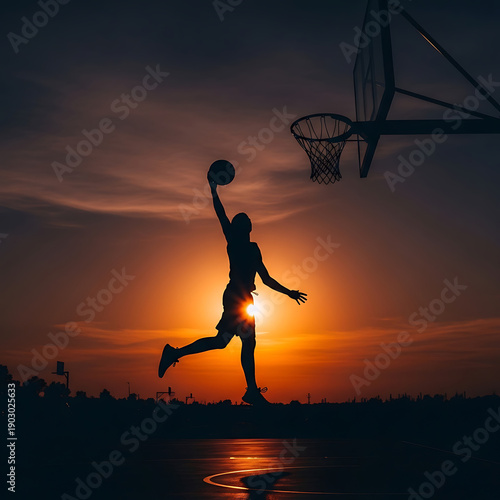 March Madness, Basketball Player Dunking Silhouette Sunset Outdoor Sport