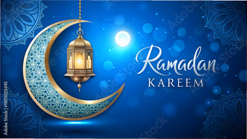 Elegant Ramadan Kareem greeting with golden lantern and crescent moon