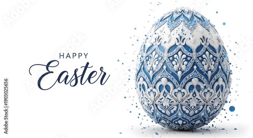 Happy easter celebration with decorative blue and white easter egg
