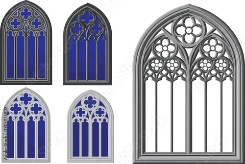 Gothic arched church window decorative vector set with blue stained glass panels, medieval cathedral architecture details, realistic ornamental window frame illustration
