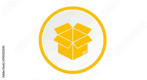 An open yellow cardboard box with its flaps extended, symbolizing delivery or shipping, presented in a white circle with a yellow border.