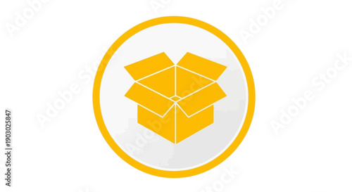 An open yellow cardboard box with a white background and a yellow circle outline.