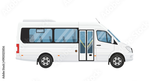 A white passenger minibus with tinted windows and double doors is shown in profile against a white background.