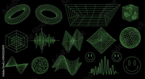 A collection of abstract 3D wireframe geometric shapes and sound wave visualizations in neon green against a black background.
