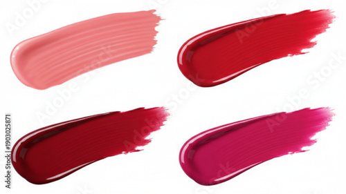 set of Four Glossy Lipstick and Lip Gloss Smudges in Various Red Pink and Berry Shades Isolated on White